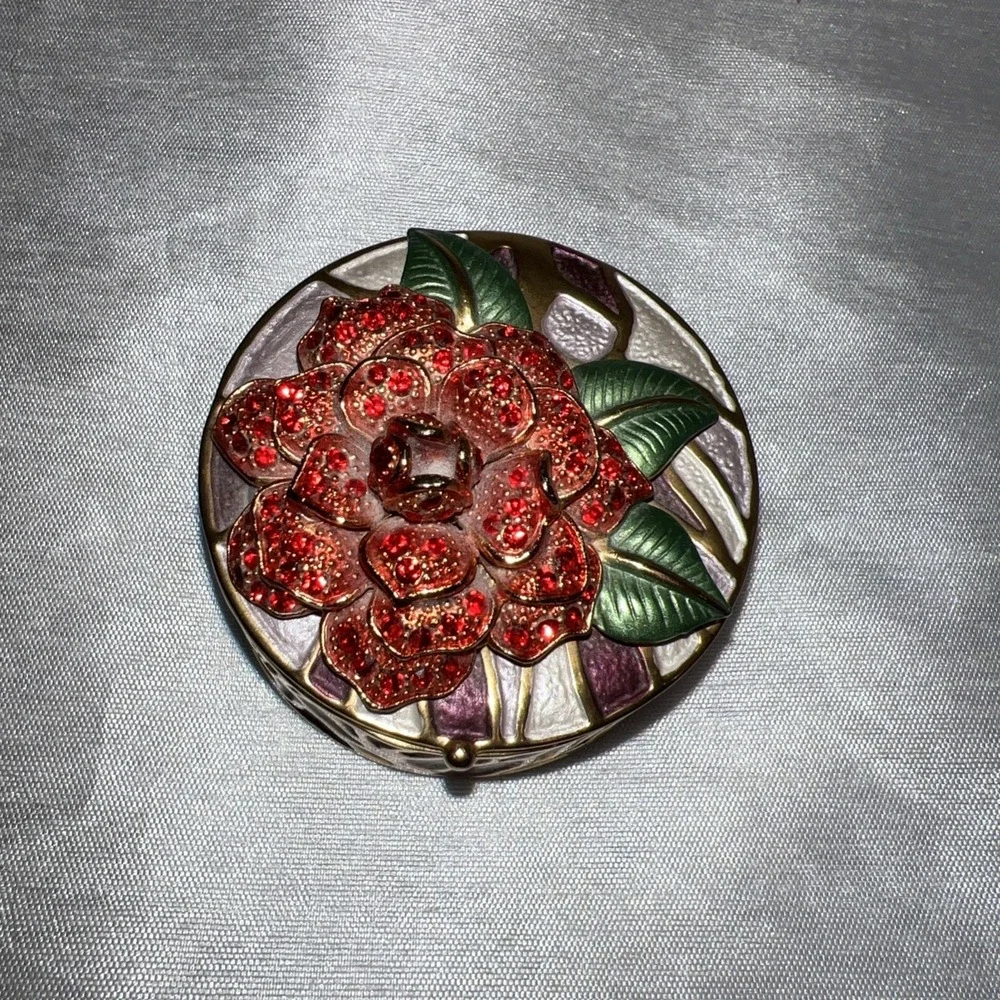 Vintage Floral Enamel Metal Hinged Trinket Box Jeweled Crystals Floral 2.5